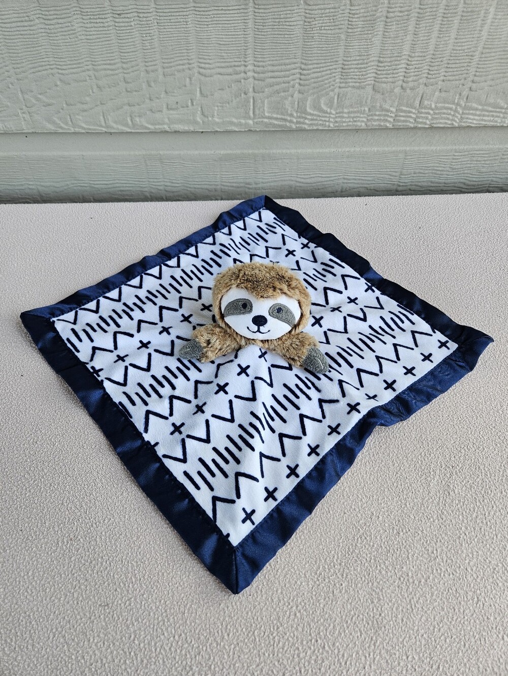 Cloud Island Sloth Security Blanket Baby Lovey Plush White Navy Blue Satin Edge